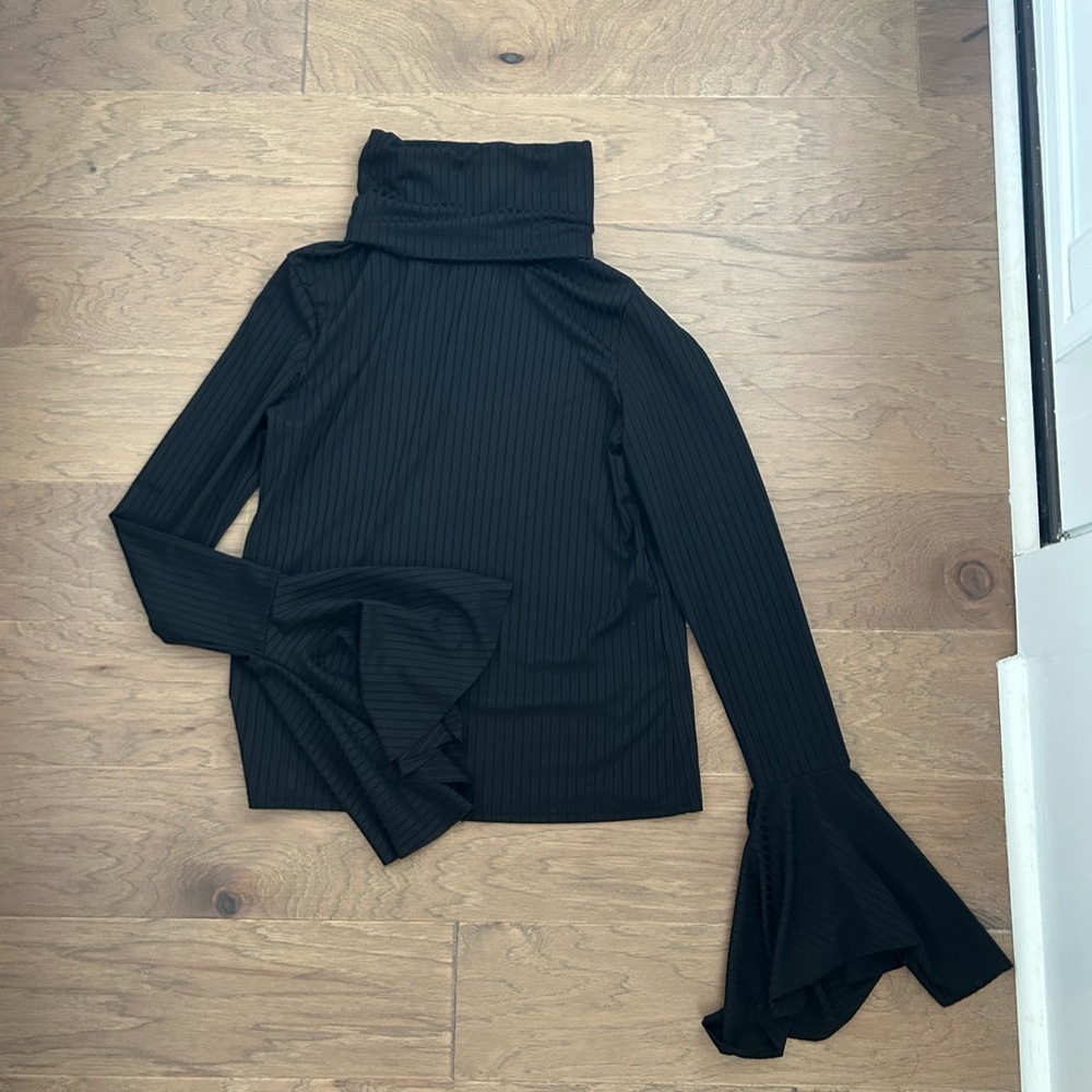 Ribbed Turtleneck Top with Bell Sleeves